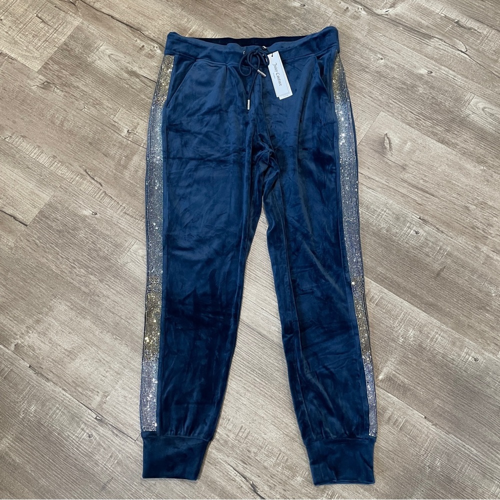 NEW Juicy Couture Womens Velour Joggers Blue Rhinestone Side Stripe Size L